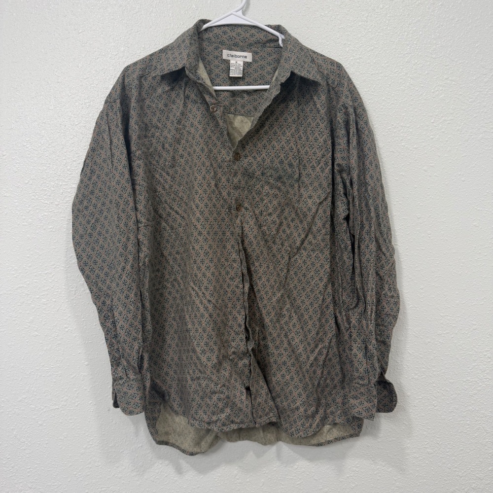Claiborne Men Medium Geometric Diamond Print Button Down Shirt Cotton Rayon Blue